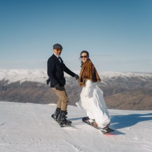Rich & Jenn snowboarding wedding ceremony on Cardrona Alpine Ski Resort married by celebrant in Wanaka Siobháin